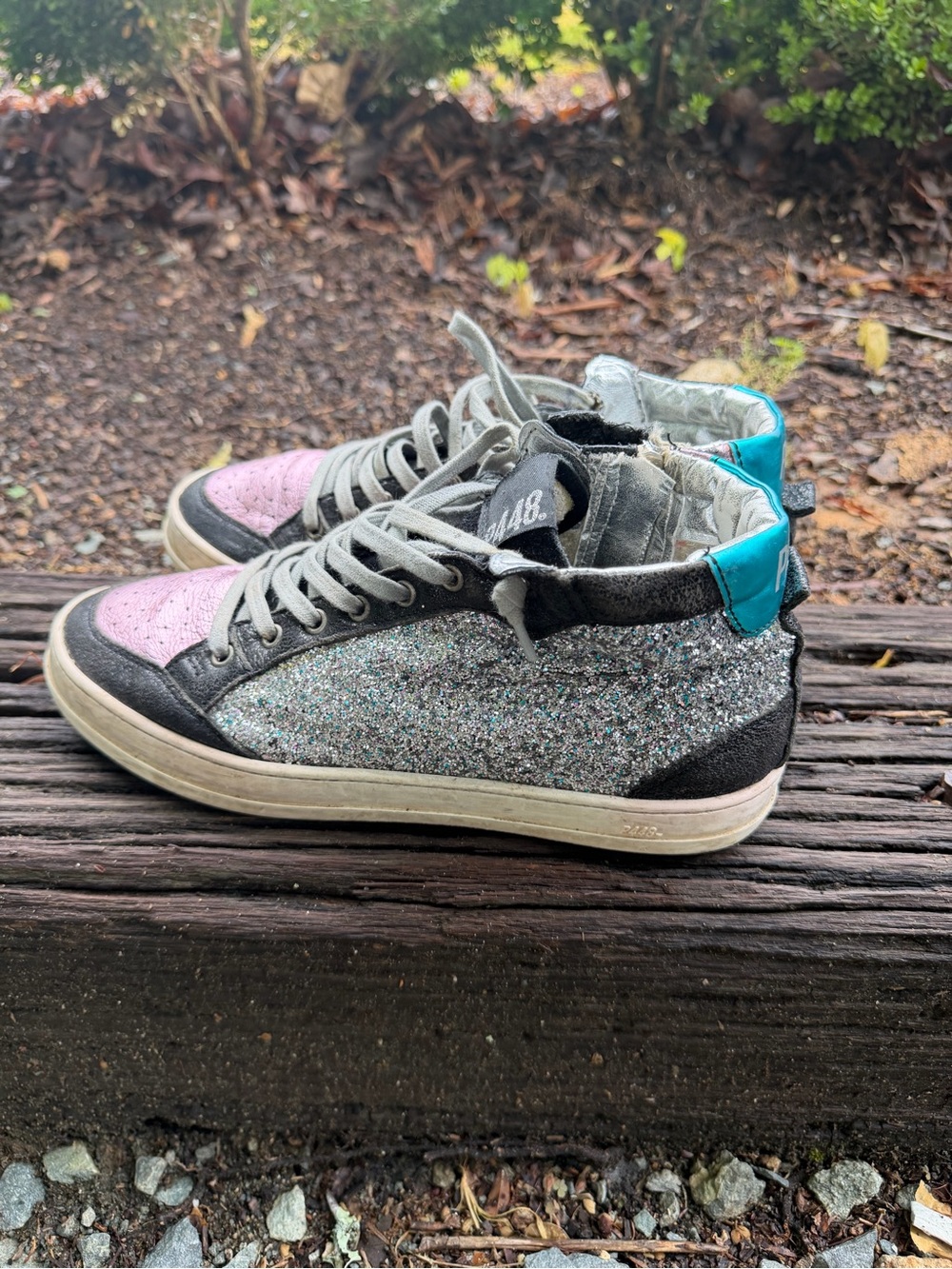 P448 Women's Glitter High-Top Sneakers in Pink, Silver & Teal